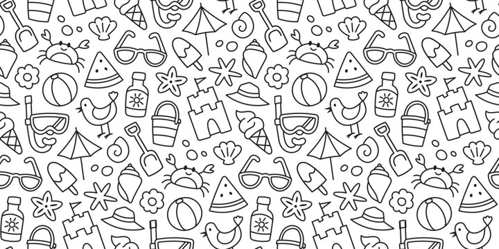 Cute fun summer line art beach trip vacation holiday black and white vector seamless pattern