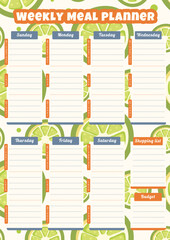 Weekly meal planner. Vector template with limes pattern background