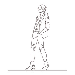 Hand drawn girl walking in a jacket and sunglasses one line drawing