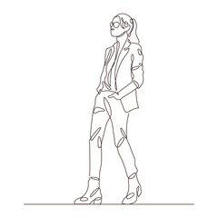 Hand drawn girl walking in a jacket and sunglasses one line drawing