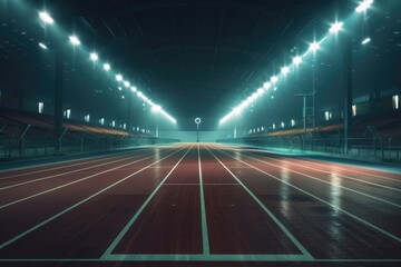 An empty track in a stadium at night. Suitable for sports events promotions