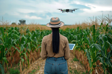Female farmer controls drone in corn field. Smart modern agricultural practices with technology and machinery