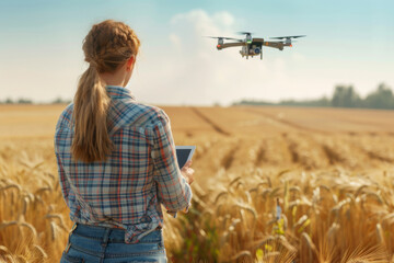 Female farmer controls drone in wheat field. Smart modern agricultural practices with technology and machinery