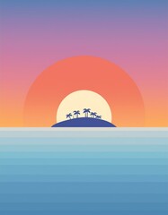 Obraz premium Distant Island Sunset - an image of a distant island silhouette against the sunset on the ocean