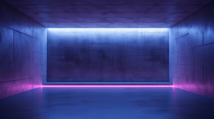 A dark room with blue and purple neon lights.