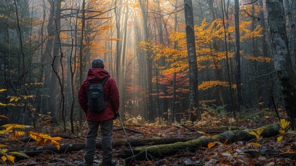 Man with backpack hiking in the autumn forest. Traveling concept.