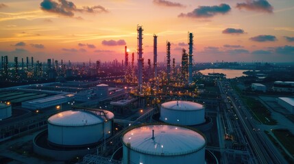An oil refinery at sunset with the sun setting in the background. Suitable for industrial and environmental concepts