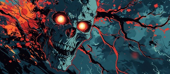 A stylized black skull with glowing red eyes, surrounded by dark energy and vines, against an abstract background of blue light and shadows.