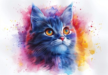 Enchanting Fluffy Cat Portrait with Vivid Orange Eyes Amidst a Colorful Explosion of Pink and Blue Watercolor Splashes on a White Canvas