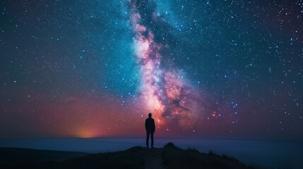 Man standing on top of a hill and watching the Milky Way.
