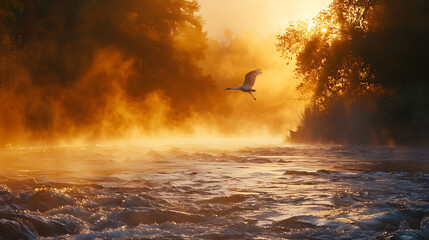 Swan landing on a lake, sunrise.