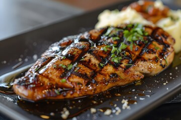 Chicken steak, showcased on a sleek black platter. The chicken breast, expertly seared to achieve a crispy exterior, rests atop a bed of creamy mashed potatoes.