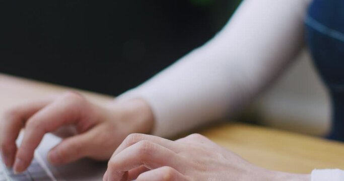 Side view of Chinese girl using laptop for work or study. Browsing website or typing message to friend. Replying to someone in online chat. Female smiling with joy while operating digital gadget.