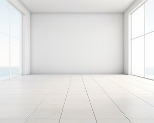 Obraz premium An empty room with white walls and tiled floor, large windows looking out onto the ocean.