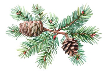 Fototapeta premium A realistic watercolor painting of a pine tree branch with cones. Suitable for nature-themed designs