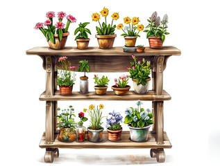 Wooden tiered gardening shelf with potted summer herbs and flowers on a white background. Different plants on wooden 3 tier standing planter. Home gardening hobby concept.