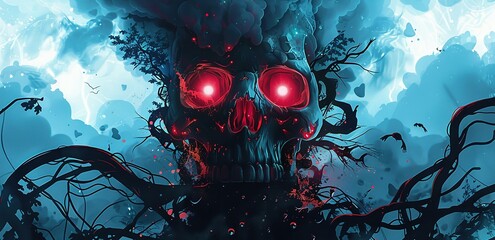 A stylized black skull with glowing red eyes, surrounded by dark energy and vines, against an abstract background of blue light and shadows. - obrazy, fototapety, plakaty