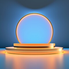 Blue and gold podium with a glowing circle. - obrazy, fototapety, plakaty