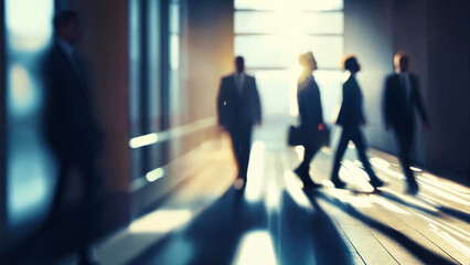Business people walking in office corridor with soft lens flare in background 16:9 with copyspace
