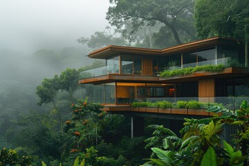 Contemporary residence surrounded by lush rainforest environment