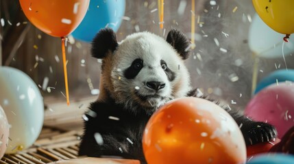 Cute panda bear surrounded by festive balloons and confetti. Perfect for celebrations and party themes - obrazy, fototapety, plakaty