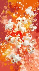 Popcorn explosion in flat design, top view, action movie theme, water color, vivid - obrazy, fototapety, plakaty