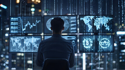 A man is sitting in front of a computer monitor with a lot of numbers and bitcoin sign
