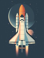 Space shuttle in flat design, front view, NASA mission theme, cartoon drawing, Triadic Color Scheme - obrazy, fototapety, plakaty