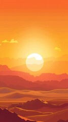 Sun landscape in flat design, front view, desert theme, animation, vivid