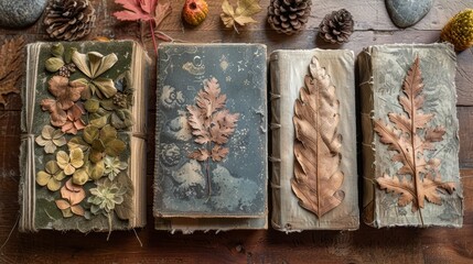 Vintage books with autumn leaves on wooden background. Top view.