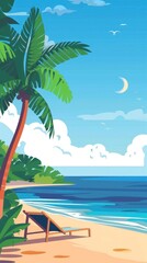 Seaside view in flat design, side view, summer vacation theme, animation, vivid - obrazy, fototapety, plakaty