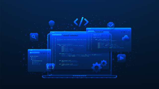 Concept of computer programming. Vector polygonal illustration with coding symbols and programming windows. Concept of Information technologies, computer engineering or developing software or game.