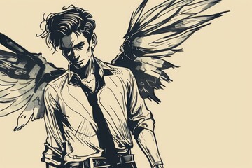 Detailed black and white illustration of a man with wings. Suitable for artistic projects - obrazy, fototapety, plakaty