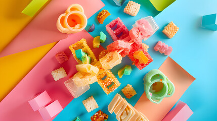 A colorful assortment of candy and snacks are scattered across a blue background