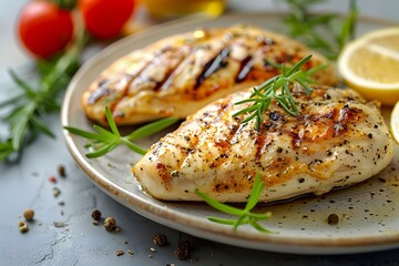 Chicken steak, elegantly presented on a fine porcelain plate. The tender chicken breast, perfectly seasoned and grilled to perfection, glistens under the soft glow of candlelight.