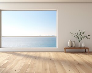 Fototapeta premium a bright and airy room with a large window looking out onto the ocean