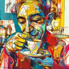 Frenetic Line Drawing of a Vibrant Coffee Enthusiast in a Lively Urban Cafe