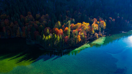 Aerial View of Almsee in Upper Austria, Scenic Landscape with Vibrant Autumn Colors and Crystal...