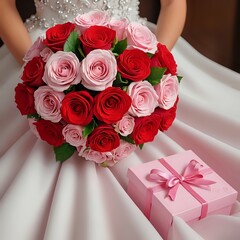 bride holding bouquet of roses