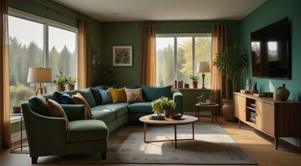 Fototapeta premium Modern living room interior with green walls, large windows, teal sectional sofa, and wooden furniture