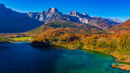 Aerial View of Almsee in Upper Austria, Scenic Landscape with Vibrant Autumn Colors and Crystal...