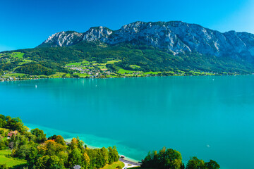 Aerial View of Unterach at Attersee in Upper Austria, Vibrant Turquoise Waters and Lush Alpine...