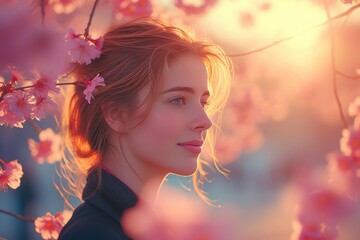 Fototapeta premium Cherry Blossom Charm: Graceful Portrait
