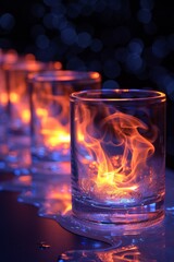 A row of glasses with flames in them sitting on a table, AI