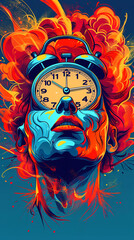 Silhouette of human face and clock embedded in his head. Concept of inexorable passage of time.