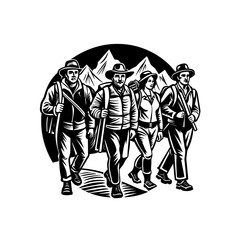 a black and white image of four hiker walking in front of a mountain.