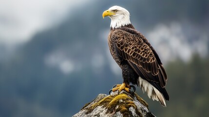 A bald eagle perching on a rock in front of a mountain range