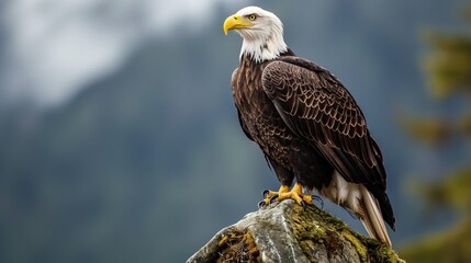 A bald eagle perching on a rock in front of a mountain range