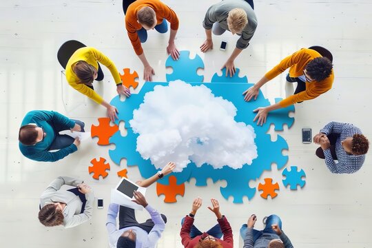 International team in laptop cloud networking leverages collaborative marketing, Saasteamwork in networked environment.