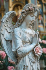 Fototapeta premium A statue of a white angel with pink rose in her hand, AI